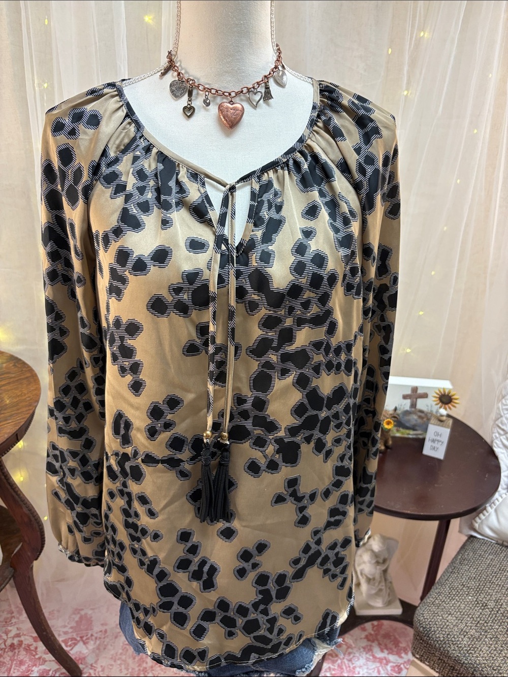 Tan & Black Floral Tie-Neck Blouse